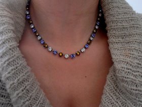 Multicolor Tanzanite Crystal Tennis Necklace, Chatons Collet, Cup chain Choker, Tanzanite Blue/Dorado Brown, Gift For Her