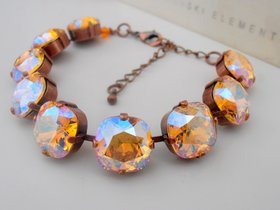 Topaz shimmer Cushion Cut Statement Bracelet 4470, Tennis Cup chain, Antique Copper Jewelry, Shimmer Yellow Crystals 12mm, Birthday Gift