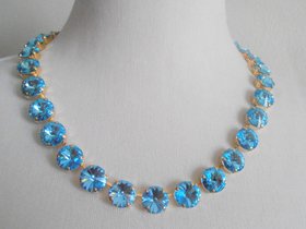 Aquamarine Blue Necklace with Rivoli Crystals, Rivoli Choker, Wedding Jewelry, Gold Cup Chain Collet 1122, Women Birthday Gift