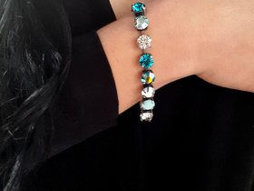 Mint/Blue Multi-colors Crystal Bracelet, Tennis Cup chain, Georgian jewelry, Antique Silver, Women Gift