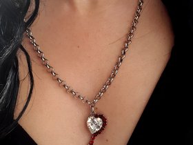 Ruby Heart Charm Necklace in Antique Silver, Bohemian Long Chain Pendant, Women Zamak Crystal Jewelry, Love Gift for her