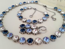 Blue Multi Colors Crystal Choker, Art Deco Platinum Jewelry, 30th Anniversary Gift