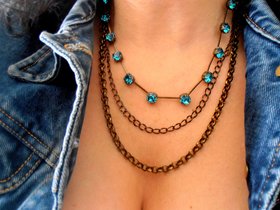 Indicolite Blue Long Chain Necklace, Multi Strand Antique Bronze Layered Jewelry, Birthday gift