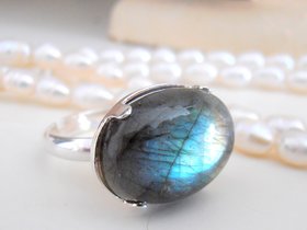 Natural Labradorite Sterling Silver Adjustable Ring 925 / Blue Gemstone Jewelry / Oval 13x18mm Gray Stone / Statement Mother's Day Gift