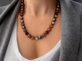 Brown Multicolors Bronze Crystal Necklace, Women Art Deco Jewelry, Filigree Choker, Valentine's day Gift