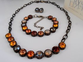 Brown Multicolors Art deco Style Necklace, Bronze Jewelry, Antique Crystal Choker, Round Filigree Round, Women Christmas Gift