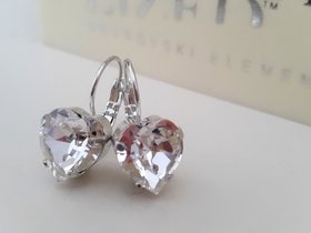 Diamond Clear Heart Earrings with Fancy Cut Crystals / Valentine's Day Gift / Drop Lever-back Silver Setting 11x10mm