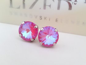 Lotus Pink DeLite Crystal Rivoli Stud Earrings 12mm, Antique Silver Jewelry, Mum Christmas Gift, Pierced Post Setting