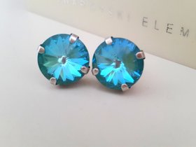 Crystal Laguna DeLite Stud Earrings Rivoli Crystals 12mm / Antique Silver Jewelry / Blue Pierced Post