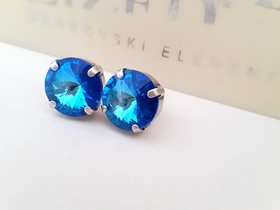 Ocean DeLite Rivoli Stud Earrings • Round Crystals • Antique Silver Cabochon Jewelry • Blue Post 12mm • Birthday Gift