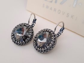 Black Diamond Crown Bezel Earrings with Rivoli Crystals 14mm, Antique Jewelry, Dangle and Drop Lever-back Earrings, Birthday Gift for her