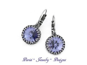 Tanzanite Blue Crown Bezel Earrings with Rivoli Crystals 14mm / Lever-back Antique Silver 14mm / Birthday gift