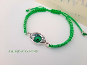 Green Evil Eye Crystal Macrame Adjustable Bracelet • Fern Green Crystal 4775 • Silver Cabochon Women Jewelry