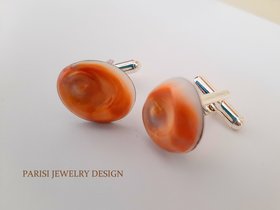 Eye Sea shell Cuff Lings • Raw Coral Orange Cuffs • Nautical Men's Suit & Tie Accessorie • Natural Eye of Saint Lucia Cabochon Birthday Gift