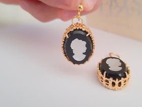 Black Cameo Crystal Drop Bridgerton Style Earrings, Victorian Czech Intaglio 3D, Regency Jewelry, Oval Filigree, Anniversary Gift