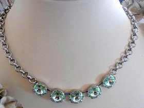 Chrysolite Green Tennis Chain Necklace with Rivoli Crystals 1122,Tennis Choker, Silver Round Cup chain, Costume Jewelry