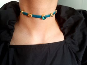 Turquoise Leather Choker Necklace with Teal Crystal, Gold Charm Summer Choker, Bohemian Everyday Jewelry, Unique Birthday Gift