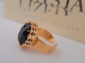 Jet Black & Gold Adjustable Band Ring  / Art Deco Cuff Ring / Jewelry / Oval Filigree 18x13mm / Anniversary Gift