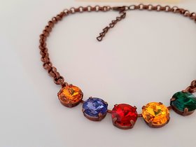 Multi-color Rivoli Crystal Chain Necklace, Anna Wintour Style Cup Chain Choker in Antique Copper, Jewelry Women Gifts