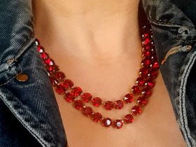 Ruby Double Strand Crystal Necklace, Gold Jewelry, Two Tier Red Choker, Tennis Layered Cup chain Collet, Gift for Women Girfriend