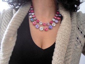 Anna Wintour Necklace, Double Strand, Fuchsia Rivoli Multi-colors, Antique Copper Jewelry, Bib Tennis Collet, Women Crystal Choker