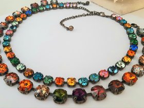 Multi-color Topaz Tennis Rivoli Necklace, Antique Bronze Jewelry, 12mm Cup chain, Wife Anniversary Gift