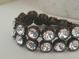 Diamond Clear Crystal Cuff Bracelet / Art Deco Double Row Filigree Bangle / Antique Bronze Jewelry / Gift