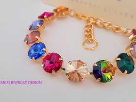 Gold Multi-colors Cup chain Tennis Bracelet with Rivoli Crystals 1122 • Women Birthday Gift