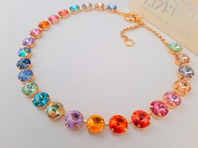 Anna Wintour Rainbow Rivoli Crystal Necklace, Tennis Colorful Choker, Multi color Gold Collet, Jewelry Gift for Women