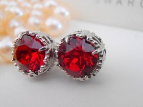 Ruby Post Filigree Earrings, Pierced Studs, Art deco Jewelry, Red Crystals, Grandmother Birthday gift