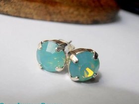 Pacific Opal Crystal Stud Earrings 8mm, Silver Jewelry, Milky Blue Crystals, Pierced Post Setting SS39, Girls Birthday Gift