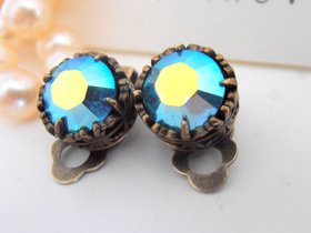 Aquamarine AB Clip On Stud Earrings, Non Pierced Jewelry for girls, Antique Bronze Post Filigree, Vintage Style