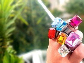 Multi color Step Cut Adjustable Statement Band Ring, Octagon Crystal Cuff, Antique Silver Jewelry, Women Gift Ideas