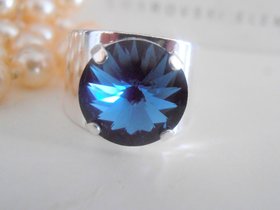 Montana Blue Adjustable Band Ring / Silver Metal Cuff Ring / Rivoli 12mm / Statement Coctail Jewelry /Anniversary Gift for her