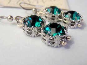 Emerald Green Art Deco Crystal Dangle Earrings, Assemblance Filigree Jewelry, Christmas Gift for her