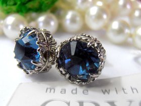 Handcrafted Platinum Filigree Stud Earrings with Dark Sapphire Blue Montana Crystals Art Deco Post Pierced Women's Birthday Gift