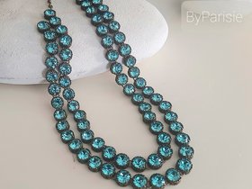 Aquamarine Crystal Double Strand Necklace in Bronze, Antique Jewelry, 30th Anniversary Gift, Georgian Filigree Long Necklace