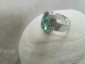 Chrysolite Platinum Cocktail Adjustable Ring, Green Band Ring, Art Deco Jewelry, Women 40th Birthday Gift, Crystal Oval Cuff