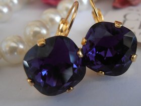 Purple Velvet Dangle Gold Earrings 4470, Square Cushion Cut Crystals 12mm, Bridal Gold Jewelry, Wedding Accessories  / Gift