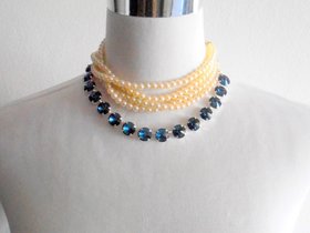 Blue Montana Rivoli Crystal Collet Necklace in Silver, Cup chain Choker, Long White Pearl Necklace, Wedding Day Bridal Jewelry