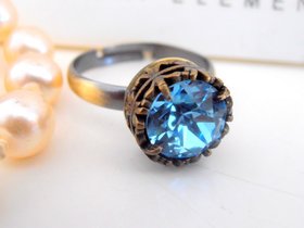 Aquamarine Blue Crystal Bronze Filigree Adjustable Ring, Gothic, Solitaire Stackable Ring, Antique Jewelry Gift