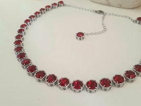 Ruby Red Collet Necklace in Platinum, Art Deco Crystal Choker, Anniversary Jewelry for Women, Birthday Gift for Mom