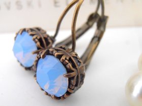 Air Blue Opal Art Deco Bronze Earrings, Dangle Drop Leverback, Filigree Antique Jewelry, Vintage Birthday Gift