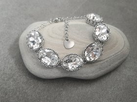 Clear Diamond Cut Statement Filigree Bracelet, Anna Wintour Georgian Platinum Jewelry, Chunky Oval Crystals 4120, Birthday Gift for her