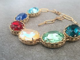 Multi color Oval Crystal Bracelet Anna Wintour Jewelry Georgian Style Gold Chunky Jewelry Gift for Girlfriend Bracelet for Women