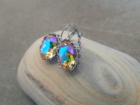 Aurora Shimmer Oval Platinum Cocktail Earrings, Art Deco Women Jewelry, Vertical, Dangle & Drop, Summer Accessories, Wife Anniversary Gift