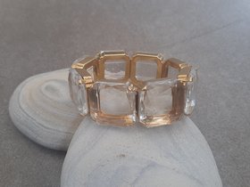 Clear Transparent Gold Stretch Bracelet 4675, Square Crystal cuff, Chunky Summer Jewelry, Statement Beach Accessories