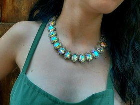 Colorful Shimmer Georgian Riviere Necklace, Anna Wintour Bib Choker, Statement Crystal Jewelry, Oval Filigree Collet, Wife Anniversary Gift