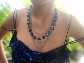 Metallic Blue Rivoli Necklace with Layering Stainless Steel Chains, Platinum Long Jewelry for Women, Christmas Holiday Statement Gift