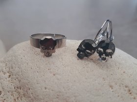 Crystal Jet Skull Halloween Drop Earrings/Ring | Black Gothic Party Jewelry | Women Birthday Gift